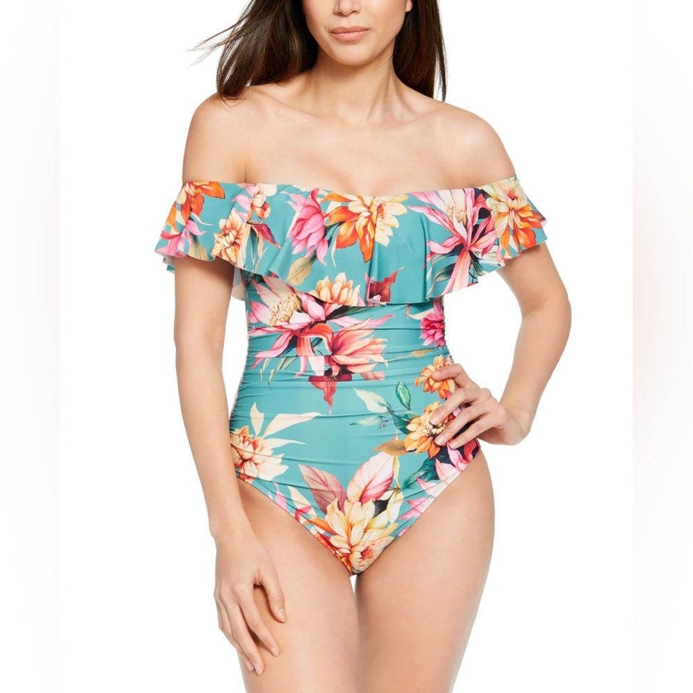 La Blanca Floral Ruffle Off‎ Shoulder One Piece Swimsuit Ruched Size 6